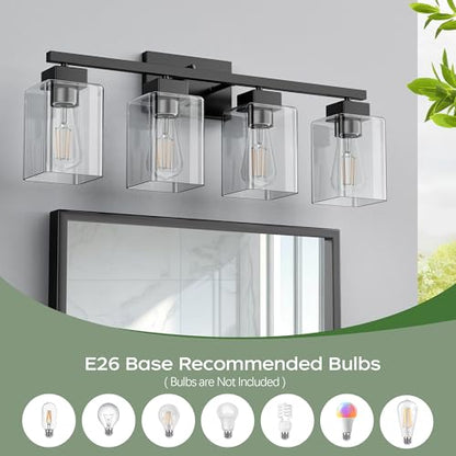 4-Light Bathroom Light Fixtures, Matte Black Modern Vanity Lights, Bathroom Lighting Fixtures Over Mirror, Square Design Farmhouse Wall Sconces with Clear Glass Shades - color: Matte Black, size: 4-Light