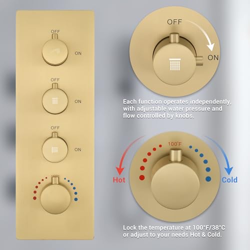 Brushed Gold Thermostatic Shower System with 6 Body Jets & 16-Inch Ceiling Rainfall Shower Head Luxury Full Body Shower Faucet with Handheld Sprayer, Shower Fixtures Set with Valve and Trim - color: Brushed Gold