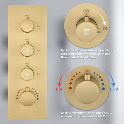 Brushed Gold Thermostatic Shower System with 6 Body Jets & 16-Inch Ceiling Rainfall Shower Head Luxury Full Body Shower Faucet with Handheld Sprayer, Shower Fixtures Set with Valve and Trim - color: Brushed Gold