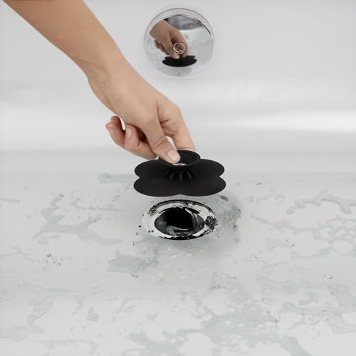 Umbra Bloom Drain Stop, Bathtub Drain Hair Catcher, 3-Inch, Black | Silicone material, flexible and durable, fits standard drains, wipe or rinse clean, rust resistant - color: Black