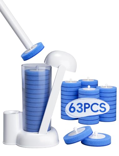 Disposable Toilet Brush System, Toilet Bowl Cleaning Wand with Lift-to-Open Refill Case, Blue Refill Heads and Freestanding Holder, 1 Wand and Holder Set with 63 Blue Refills