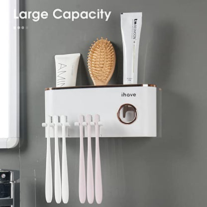 iHave Toothbrush Holders for Bathrooms Wall Mounted with Dispenser & 2 Cups | 6 Slots Wall Mount Toothbrush Holders for Bathrooms with Squeeze Toothpaste Dispenser, 2 Cups & 2 Compartments Organizer - color: White 2 Cups