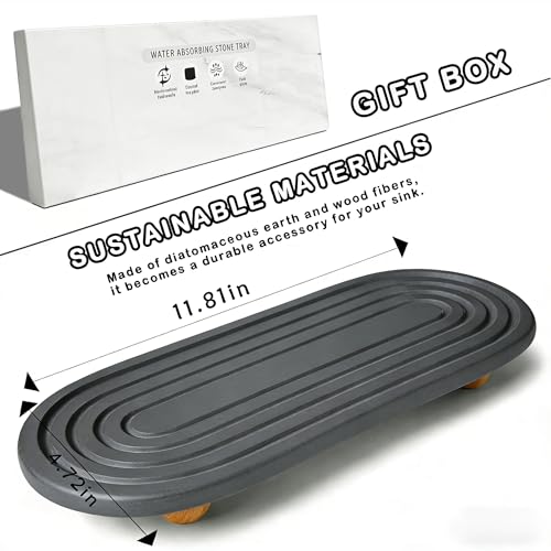 Instant Dry Sink Tray, Anti-Slip Stone Sink Caddy, Durable Kitchen Sink Organizer, Quick Dry Water Absorbing Stone Tray for Bathroom Counter, Stone Soap Tray -Dark Gray - color: Dark Gray Wooden Foot 4circles Large