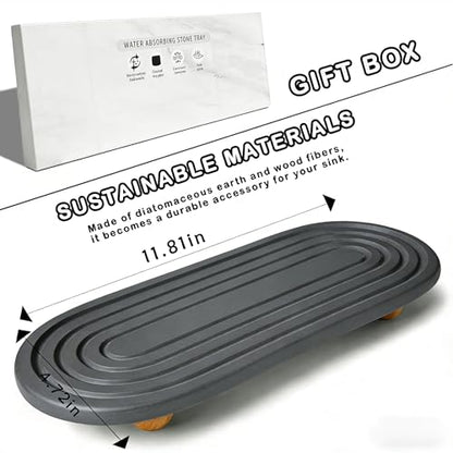 Instant Dry Sink Tray, Anti-Slip Stone Sink Caddy, Durable Kitchen Sink Organizer, Quick Dry Water Absorbing Stone Tray for Bathroom Counter, Stone Soap Tray -Dark Gray - color: Dark Gray Wooden Foot 4circles Large