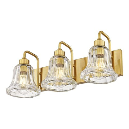 zeyu 22-Inch 3-Light Bathroom Lights Over Mirror Fixture, ZJX117B-3W BG | Gold Bathroom Light Fixtures, Clear Striped Glass Shades, Metal And Glass Construction, Wall-Mounted Bathroom Lighting - color: Gold+Clear Striped Glass, size: 3-Light