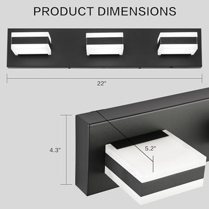 PRESDE 3-Light LED BathroomVanity Light Matte Black Bathroom Light Fixtures Over Mirror Modern Bath Wall Lighting - color: Black-Non Dimmable, size: 21.6inch