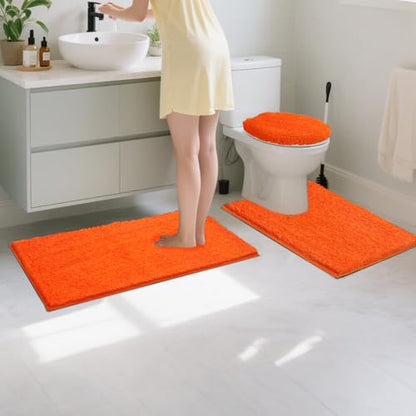 Shower Curtain Sets with Rugs and Adjustable Toilet Seat Cover | 4 Pcs Orange Bathroom Sets with Shower Curtain and Rugs and Microfiber Toilet Lid Cover - color: Orange