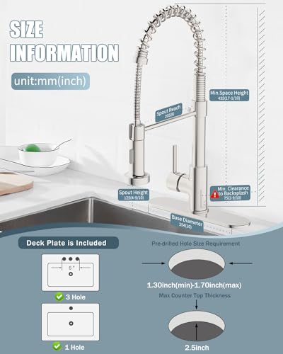 Kitchen Faucet Set, Commercial Kitchen Sink Faucets with Pull Down Sprayer and Soap Dispenser, Stainless Steel Faucets for Kitchen Sinks, Single Handle Spring Faucet with Deck Plate - color: B-Brushed Nickel, style: Contemporary