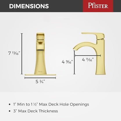Pfister Bruxie Bathroom Sink Faucet, Single Control, 1-Handle, Single Hole, NSF Certified, Brushed Gold Finish, LF042BIEBG