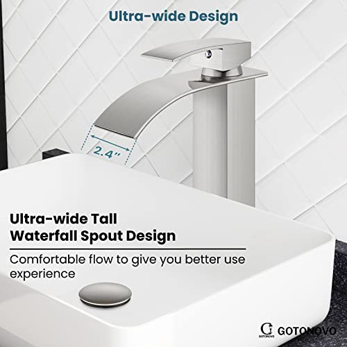 gotonovo Waterfall Tall Bathroom Faucet 1 Hole No Drain, Brushed Nickel | Modern Vessel Sink Faucet Single Handle 304 Stainless Steel,24” cUPC Supply Hoses,for Bowl Basin Lavatory Vanity Restroom RV - color: Nickel
