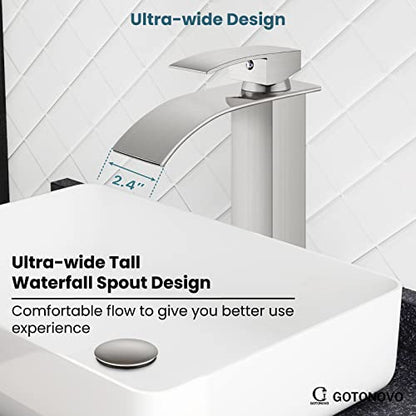gotonovo Waterfall Tall Bathroom Faucet 1 Hole No Drain, Brushed Nickel | Modern Vessel Sink Faucet Single Handle 304 Stainless Steel,24” cUPC Supply Hoses,for Bowl Basin Lavatory Vanity Restroom RV - color: Nickel