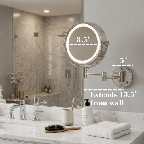 JERDON Hardwired Wall-Mount Makeup Mirror - 8X/1X - Nickel - HL75ND | 8.5" Diameter, 13.5" Wall Arm, LED Lighting, Direct Wire Installation - color: Nickel Direct Wire