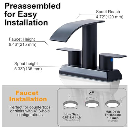 IKEBANA Modern 2 Handle Waterfall Bathroom Faucet, Matte Black, Stainless Steel, Lead-Free, 4 inches Centerset, Includes Pop Up Drain and Supply Hoses - color: Matte Black