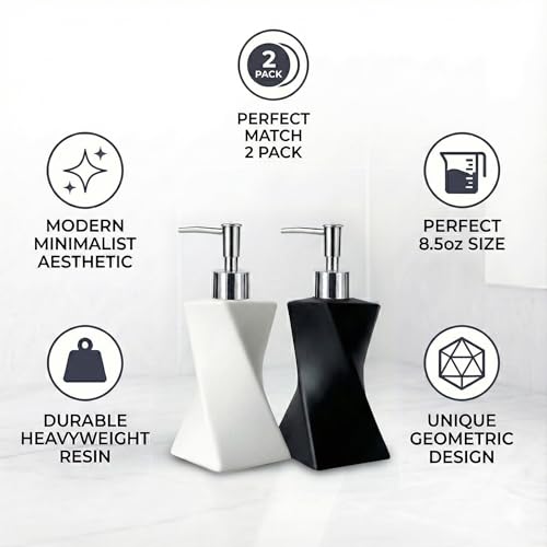 2 Pack Modern White & Black Soap Dispenser Set, Bathroom 8.5oz | Contemporary Art Style, Twisted Geometric Dish Soap Dispenser Set for Bathroom and Kitchen Sink - color: Black & White 2pcs Set