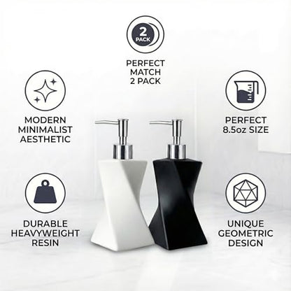 2 Pack Modern White & Black Soap Dispenser Set, Bathroom 8.5oz | Contemporary Art Style, Twisted Geometric Dish Soap Dispenser Set for Bathroom and Kitchen Sink - color: Black & White 2pcs Set