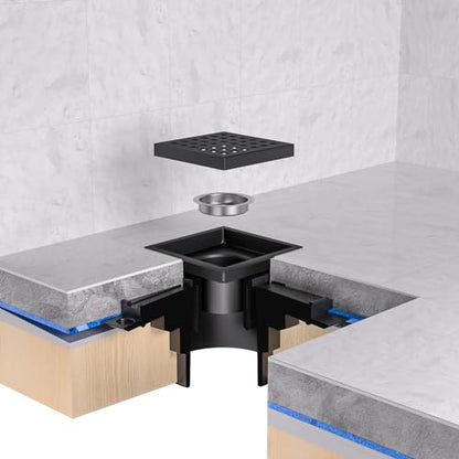 EXF Square Shower Drain 4-3/8 Inch Matte Black with ABS Flange | Stainless Steel, Anti-Clog, Removable Grid Grate and Hair Catcher, for Modern Bathroom Remodel Curbless Shower - color: Matte Black, size: 4IN