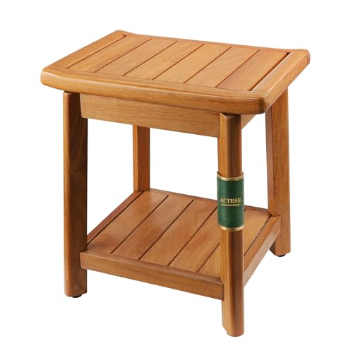 Teak Shower Bench for Inside Shower, Waterproof Wooden Shower Stool | Shower Stool with Storage Shelf, Non Slip Bathroom Seat for Safe Bathing & Daily Support, Compact Spa Shower Bench (14 Inch) - size: 14"-Standard