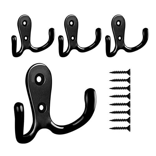4 Pcs Double Prong Robe Hooks, Dual Coat Hooks Wall Mounted Hanging Clothes for Bathroom Bedroom Door Wall Retro Metal Cloth Hanger Double Coat Hooks with 8 Screws (Black) - color: Black