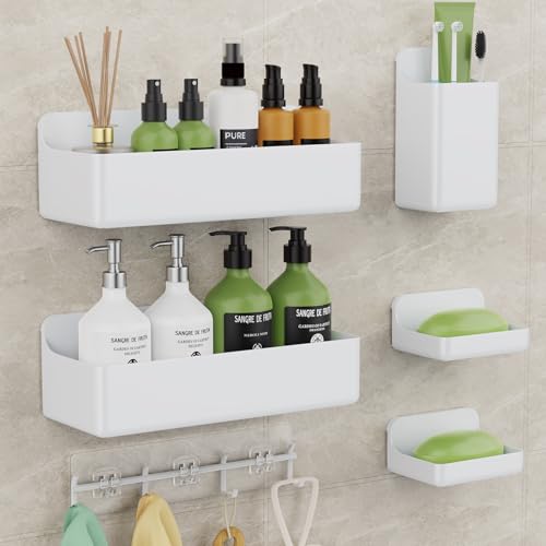 Adhesive Shower Caddy Shower Shelves Bathroom Organizer and Storage | 6 Pack，Rustproof，No Drilling，with Soap Holder，Clear，Acrylic， Large Capacity，Removable and Reusable，Plastics，Wall-Mounted - color: white