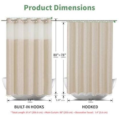 eachope No Hook Long Shower Curtain Set with Snap-in Fabric Liner,Linen Textured Thick Striped Fabric with Tassels,Boho Farmhouse Rustic Luxury Bathroom Curtain,Water-Repellent,Cream/Beige,71x80 | 230GSM Thick Fabric,Hotel Luxury Decor,Mesh Top Window,Wat