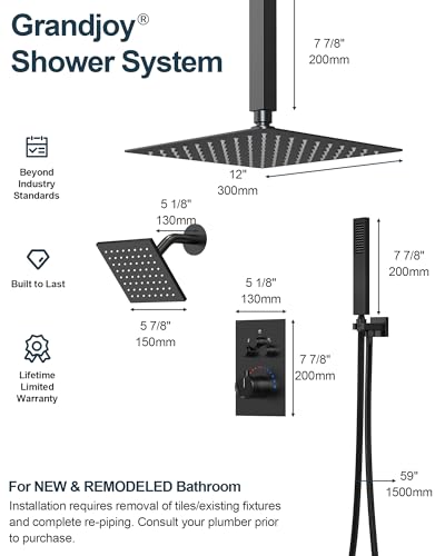 Shower Faucet Set with Handheld Spray, Matte Black | 12" Ceiling Mount SUS304 Rainfall Shower Head System, 6" Side Head, 3-Function Thermostatic Valve Trim Kit, All Metal - color: Matte Black