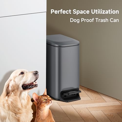 TIPGO Slim Bathroom Trash Can with Lid Soft Close, 6 Liter / 1.6 Gallon Stainless Steel Garbage Can with Removable Inner Bucket, Step Pedal, Small Trash Cans for Bedroom, Office, Kitchen (Grey) - color: Grey