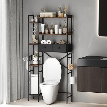 Over The Toilet Storage Rack, 7-Tier Over Toilet Bathroom Organizer with Adjustable Shelf, Above Toilet Storage with Hooks, Space-Saving, Brown Shelf - size: 7 Tier-Brown