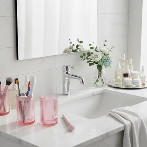Pink Toothbrush Holders for Bathrooms, 2pcs Glass Toothbrush Holder and 12oz Bathroom Tumbler Cup Set, Silver Tooth Brush and Toothpaste Organizer for Bathroom Vanity Countertop - color: Pink Silver