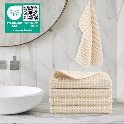 POLYTE 430 GSM Microfiber Lint Free Washcloth Face Towel, 13 x 13 in, 4 Pack (Waffle Weave) - color: Light Beige