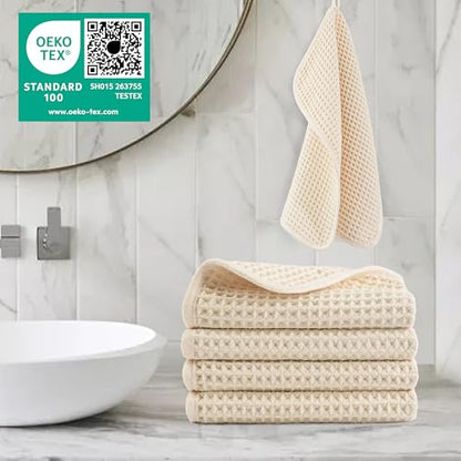 POLYTE 430 GSM Microfiber Lint Free Washcloth Face Towel, 13 x 13 in, 4 Pack (Waffle Weave) - color: Light Beige