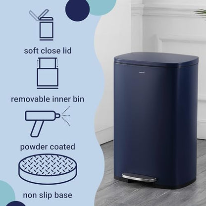 happimess Connor 2-Piece Iron Trash Can, Denim Blue | 13.2 And 1.3 Gallons, Rectangular, Soft-Close Lid, Step Pedal, 20 Liners, 26" And 12" Height - color: Denim Blue