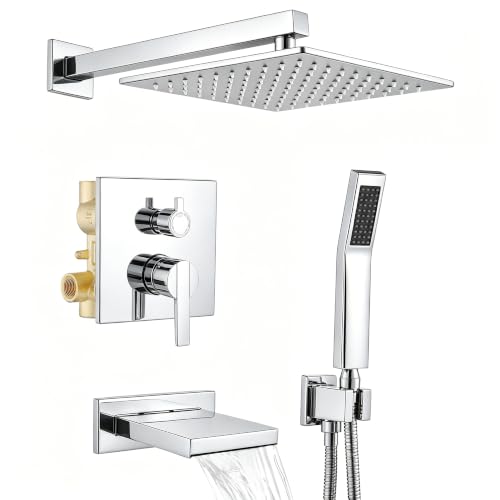 Shower System with Tub Spout, All Metal Bathtub Shower Faucet Set with High Pressure 10 Inch Rain Shower Head and Handheld Shower Head Set, Chrome (Valve Include) - color: Chrome