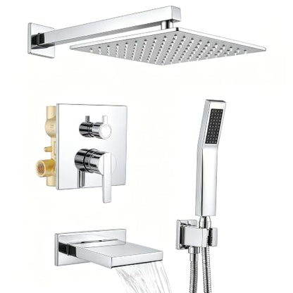 Shower System with Tub Spout, All Metal Bathtub Shower Faucet Set with High Pressure 10 Inch Rain Shower Head and Handheld Shower Head Set, Chrome (Valve Include) - color: Chrome