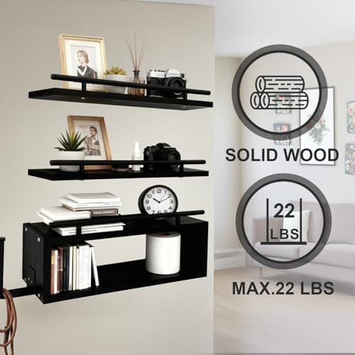Wooden Floating Shelves with Paper Towel Holder for Bathroom Wall Storage | Bathroom Wall Shelf with Metal Rail, Wall Mount with Hardware, Over-The-Toilet Space Saver, Bedroom Kitchen Living Room Decor