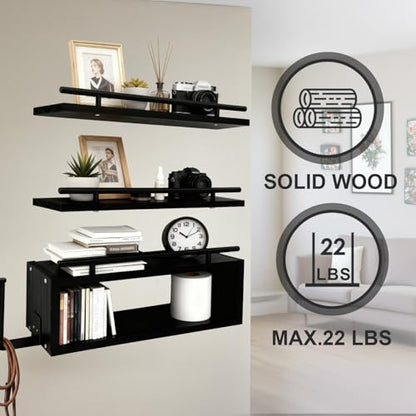 Wooden Floating Shelves with Paper Towel Holder for Bathroom Wall Storage | Bathroom Wall Shelf with Metal Rail, Wall Mount with Hardware, Over-The-Toilet Space Saver, Bedroom Kitchen Living Room Decor