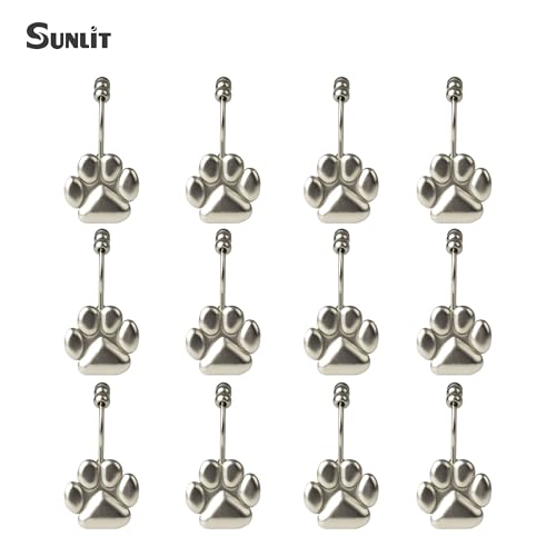 Sunlit Fashion Design Cute Paw Print Polished Double Shower Curtain Hooks for Dog Cat and Bear, Rust Proof Oil Rubbed Metal Shower Curtain Rings-12 Pack - color: Silver With Double Hooks