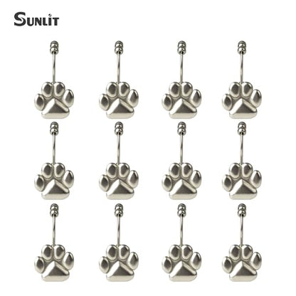 Sunlit Fashion Design Cute Paw Print Polished Double Shower Curtain Hooks for Dog Cat and Bear, Rust Proof Oil Rubbed Metal Shower Curtain Rings-12 Pack - color: Silver With Double Hooks