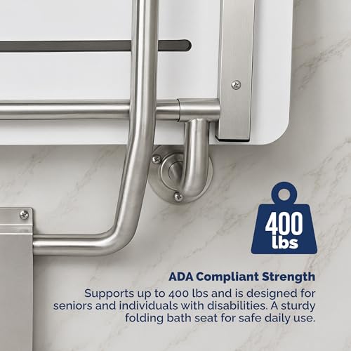 Phenolic Folding Shower Seat, White, 400 lb, 18 in x 16 in | Handicap Shower Bench Seating for the Elderly and Disabled, ADA Compliant Foldable Bath Seat, Heavy Duty Steel Frame, 400 lbs