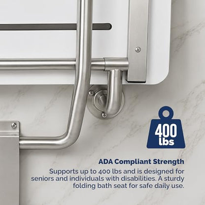 Phenolic Folding Shower Seat, White, 400 lb, 18 in x 16 in | Handicap Shower Bench Seating for the Elderly and Disabled, ADA Compliant Foldable Bath Seat, Heavy Duty Steel Frame, 400 lbs