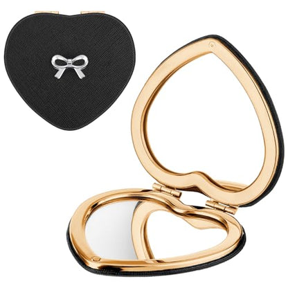 Qianyu Compact Folding Heart Shaped Double-Sided 1X/2X Magnifying Mini Glitter Makeup Mirror with PU Leather for Women Home, Office and Travel (Gold) - color: Gold