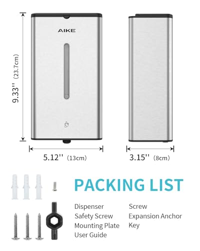 AIKE Automatic Foaming Soap Dispenser 33.8oz for Bathroom,Brushed AK1207FA | Rich Foam and Steel Finish,5-Level Adjustable and Key for Commercial(Battery Not Included),Screw Wall Mount for Space-Saving - color: Brushed Stainless Steel