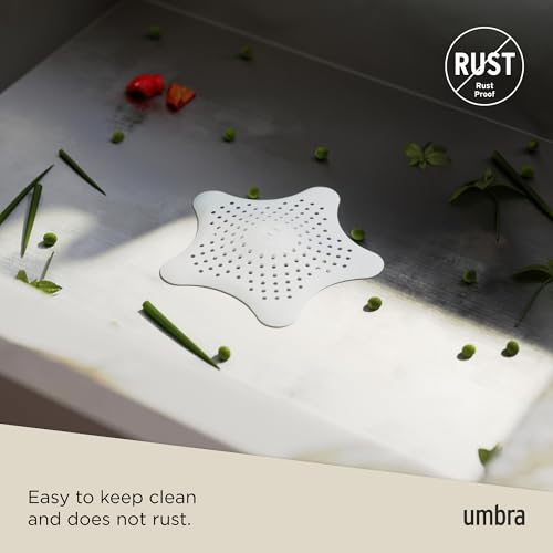 Umbra Starfish Hair Catcher, Suction Cup Drain Cover, 6-Inch, White | Silicone material, flexible and durable, water resistant seal, easy to clean, rust proof, fits standard tubs - color: White
