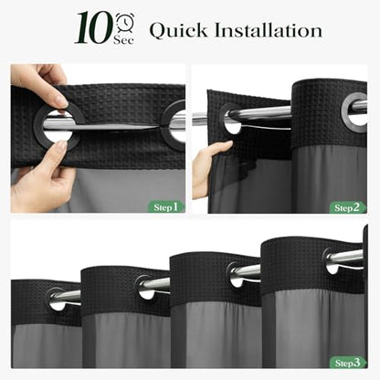 Black Hook Free Waffle Shower Curtain & Snap-in Fabric Liner,72x87 | Less Time to install, 3 in 1 Fabric Shower Curtain and Liner Set with Magnets, Extra Long, Shower Curtains for Bathroom - color: A Black, size: 72"W x 87"L (Pack of 1)