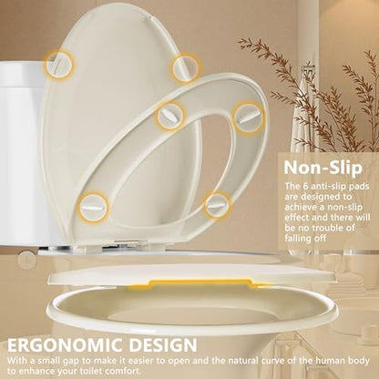 Angol Shiold Elongated Toilet Seat - Slow Close Hinges, Ergonomic Design with Grip-Tight Bumpers, Safe Easy-Clean PP Material (Almond, 18.5" Elongated) - color: Almond, size: Elongated 18.5‘’