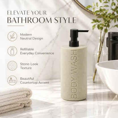 Resin Tan Sandstone Body Wash Engraved Bottle Refillable Pump Dispenser, Durable Waterproof Resin Construction for Bath, Shower - Tan Sandstone, ORB Pump - color: Tan Sandstone Resin, Orb Pump - Body Wash