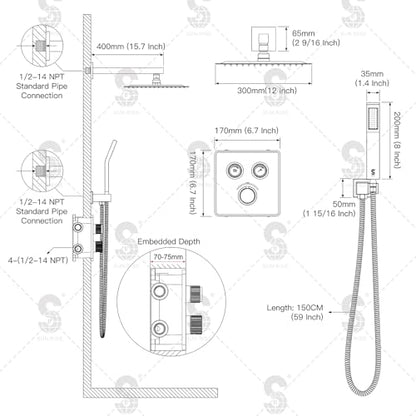 SR SUN RISE 100℉ Brushed Brushed Nickel Shower System,12 Inch | Luxury Rainfall Shower Head,High-Pressure Handheld Shower,Soild Brass,Wall Mount,Valve and Trim Kit Included - color: Brushed Nickel, style: 12"