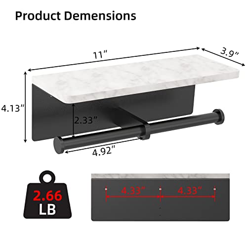 Gypie Toilet Paper Holder with Marble Shelf, Wall Mount, Double Black | Stainless Steel Tissue Roll Paper Holder Dispenser for Bathroom Washroom - color: Black Double