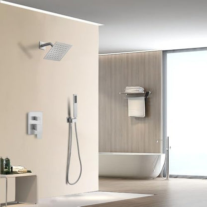 Shower System Brushed Nickel Bathroom Rainfall Shower Faucet Set Complete Wall Mounted 6 Inch Shower Head and Handle Set with Rough-in Valve Body and Trim Kit - color: Brushed Nickel, size: 6 Inch
