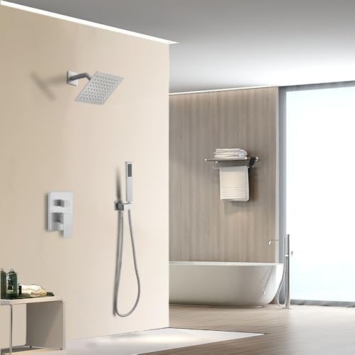 Shower System Brushed Nickel Bathroom Rainfall Shower Faucet Set Complete Wall Mounted 6 Inch Shower Head and Handle Set with Rough-in Valve Body and Trim Kit - color: Brushed Nickel, size: 6 Inch