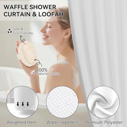 White Bathroom Set, White Bathroom Accessories Sets with Shower Curtain and No-Slip Bath Rugs, Natural Loofah Sponge, Soap Dispenser, Toothbrush Holder, Toothbrush Cup and Tray for Bathroom - size: Bath Set+Shower Curtain+Bath Rugs+2PCS Loofah, style: Whi